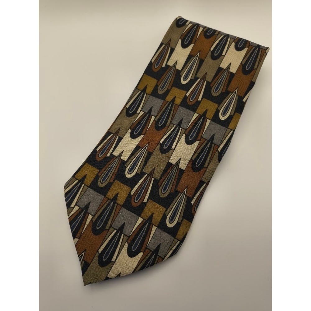 Bachrach Men's Necktie Abstract Geometric Design Silk Brown Beige Gray‎
